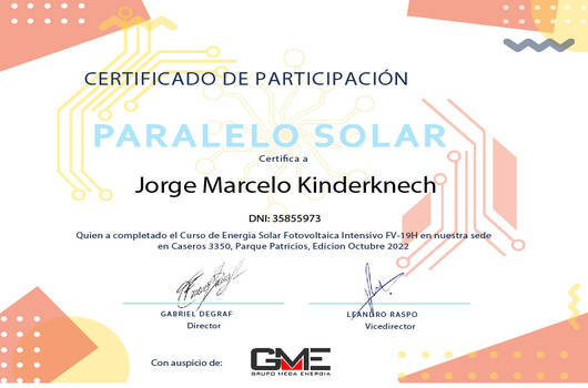 Certificado de participación en el curso de energía fotovoltaica de Paralelo Solar