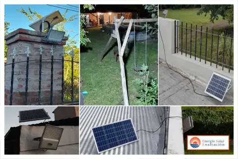 Collage de luminarias solares con panel propio, instaladas en jardines y muros
